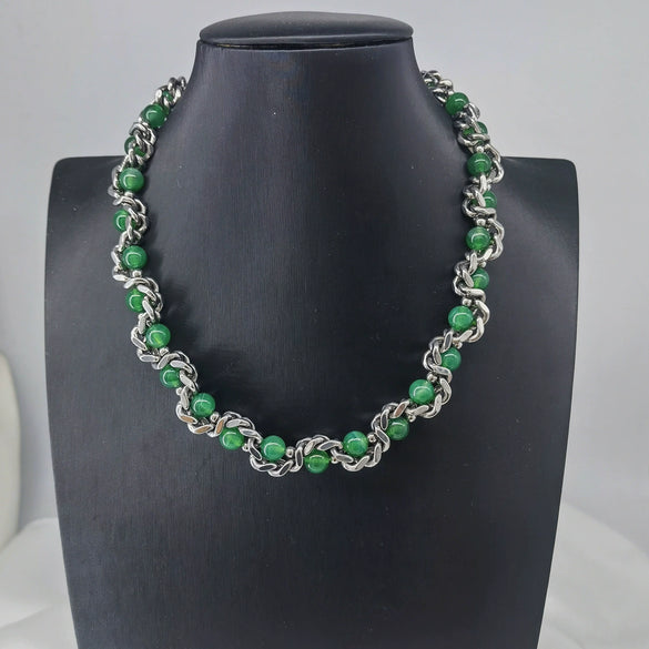 Fashionable Stainless Steel Imitation Pearl Agate Beaded Cuban Chain Necklace Unisex Polish Style