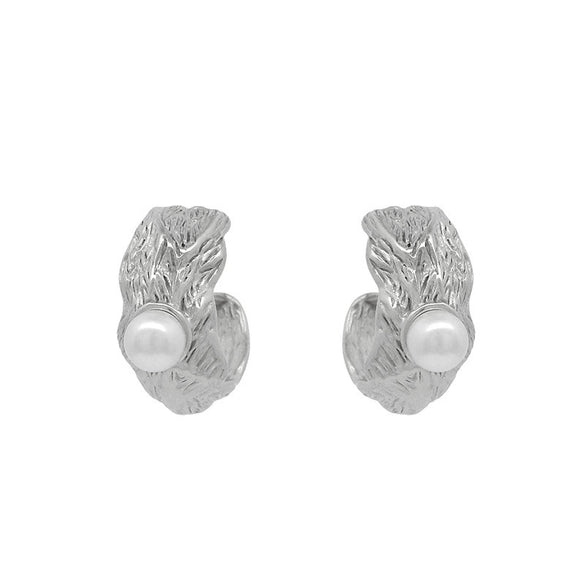Fashionable Stainless Steel Pleated Cshaped Asymmetrical Earrings Inlaid With Imitation Pearls Electroplated For Women