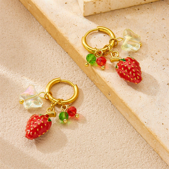 Fashionable Sweet Fresh Oil Dripping Simulated Threedimensional Fruit Strawberry Stainless Steel Goldplated Round Hanging Earrings For Women