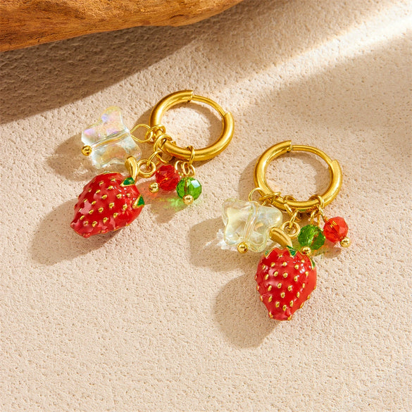 Fashionable Sweet Fresh Oil Dripping Simulated Threedimensional Fruit Strawberry Stainless Steel Goldplated Round Hanging Earrings For Women