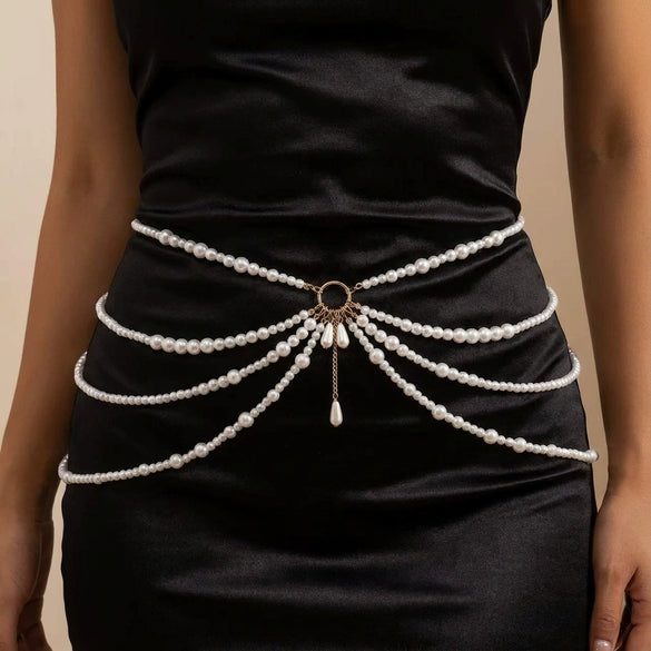 Fashionable Tassel Pendant Multilayer Waist Chain For Women With Faux Pearl And Zinc Alloy Material