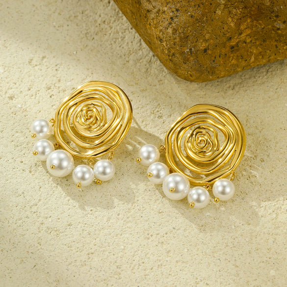 Fashionable Threaded Circle Pearl Pendant Earrings Stainless Steel 18K Gold Electroplated For Women