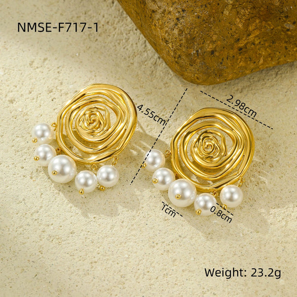 Fashionable Threaded Circle Pearl Pendant Earrings Stainless Steel 18K Gold Electroplated For Women