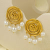 Fashionable Threaded Circle Pearl Pendant Earrings Stainless Steel 18K Gold Electroplated For Women