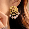 Fashionable Threaded Circle Pearl Pendant Earrings Stainless Steel 18K Gold Electroplated For Women
