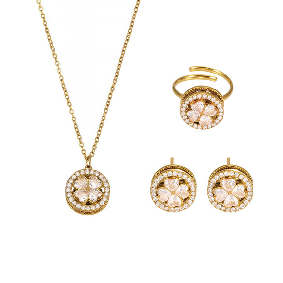 Fashionable 316L Stainless Steel And 316L Stainless Steel Jewelry Set With Zircon Flower And Chain Pattern Electroplated For Women