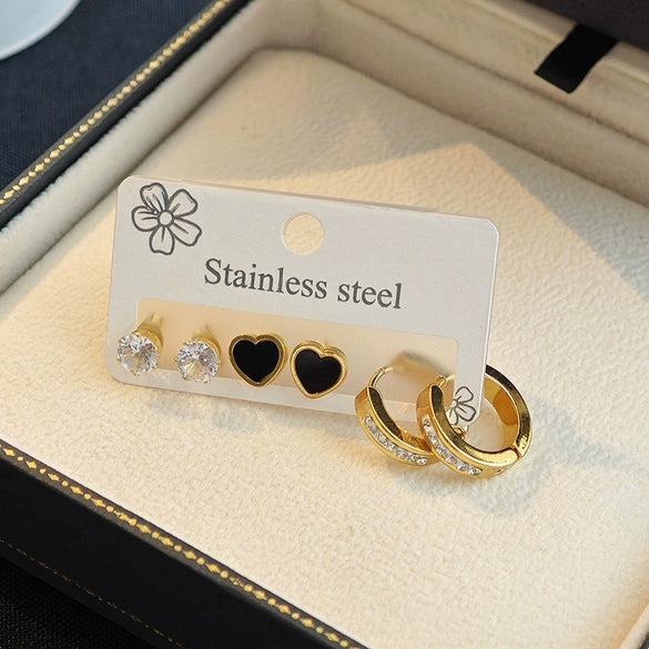 Fashionable Titanium Steel Heart Shape Electroplated Zircon Earrings For Women