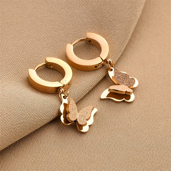 Fashionable Titanium Steel 18K Rose Gold Butterfly Ear Buckle Women's Earrings With Frosted Finish And Geometric Design Electroplated
