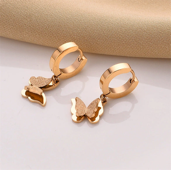 Fashionable Titanium Steel 18K Rose Gold Butterfly Ear Buckle Women's Earrings With Frosted Finish And Geometric Design Electroplated