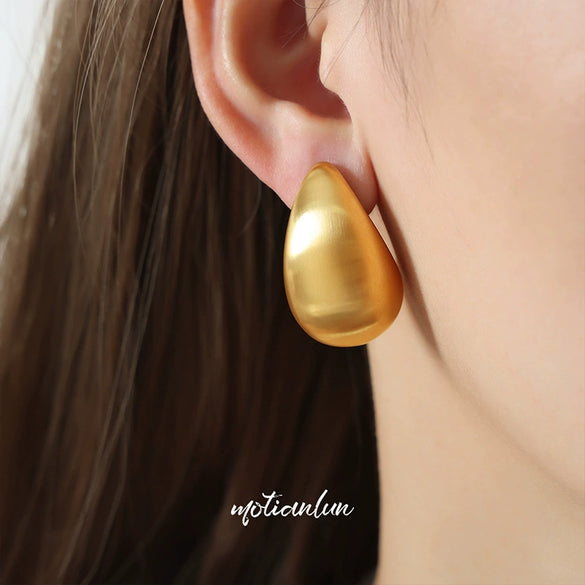 Fashionable Unisex Casual Geometric Hollow Water Drop Design Frosted Goldplated Titanium Steel Earrings