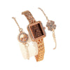 Fashionable Versatile Alloy Strap Round Dial Diamondencrusted Women's Watch And Flower Bracelet Set
