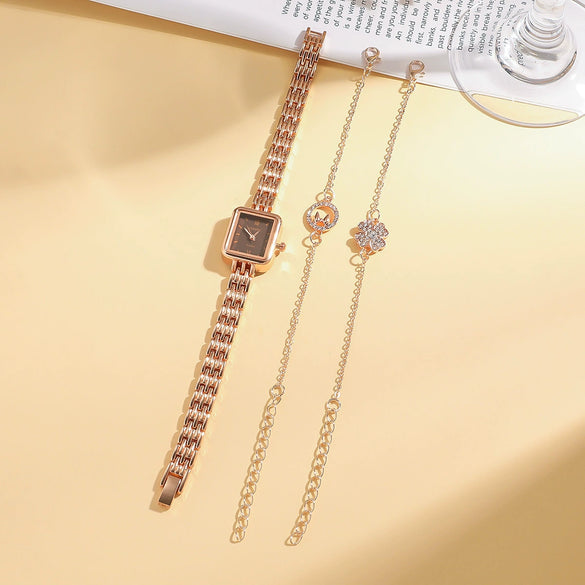 Fashionable Versatile Alloy Strap Round Dial Diamondencrusted Women's Watch And Flower Bracelet Set