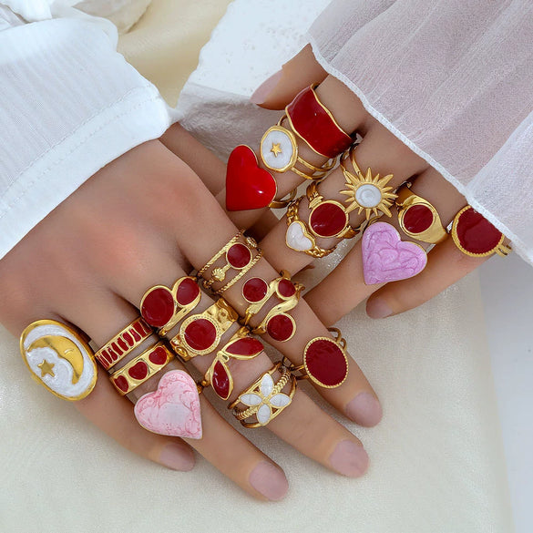 Fashionable Versatile Colorful Oil Drip Stainless Steel Gold Plated Adjustable Open Geometric Ring For Women