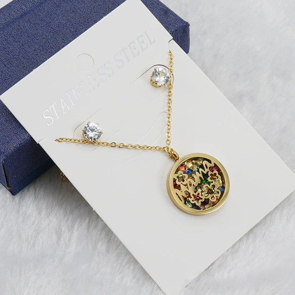 Fashionable Versatile Necklace Set 316L Stainless Steel Organic Glass Letter Pattern Electroplated Cross Chain