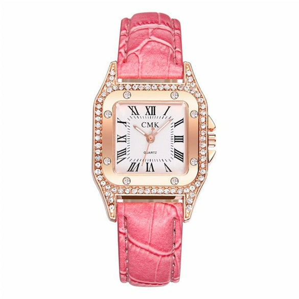 Fashionable Women's Alloy And Pu Square Dial Quartz Watch With Spiral Crown And Stainless Steel Pin Buckle