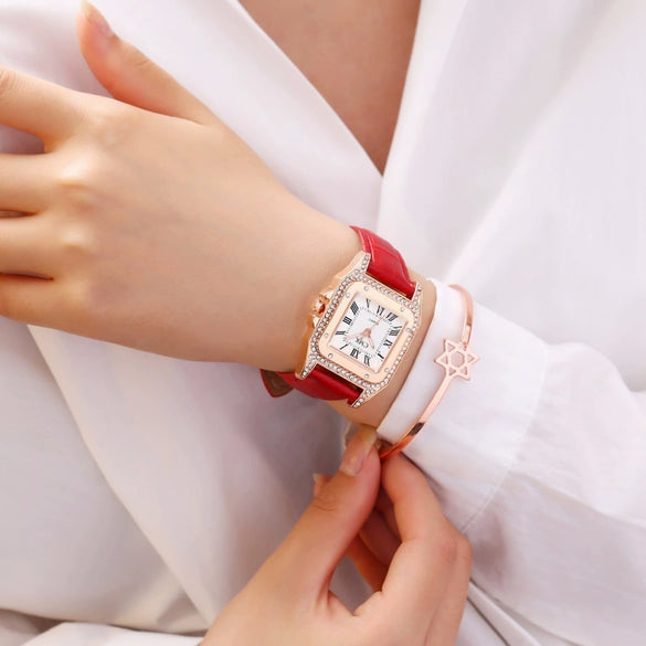 Fashionable Women's Alloy And Pu Square Dial Quartz Watch With Spiral Crown And Stainless Steel Pin Buckle