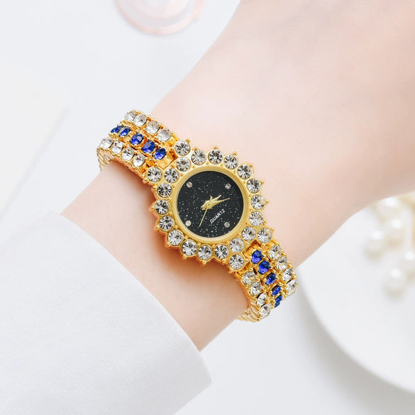 Fashionable Women's Diamondencrusted Quartz Bracelet Watch With Starry Sky Design Alloy Case Rose Gold Buckle And Round Dial
