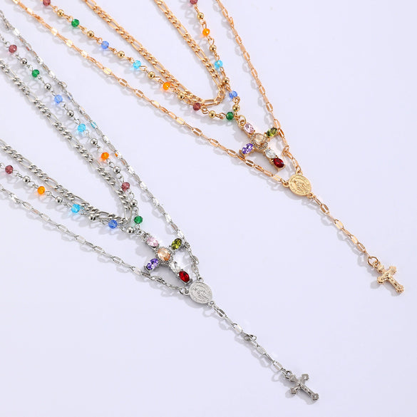 Fashionable Yshaped Tassel Alloy Geometric Clavicle Chain Necklace With Doublelayer Cross Pendant And Electroplating