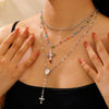 Fashionable Yshaped Tassel Alloy Geometric Clavicle Chain Necklace With Doublelayer Cross Pendant And Electroplating