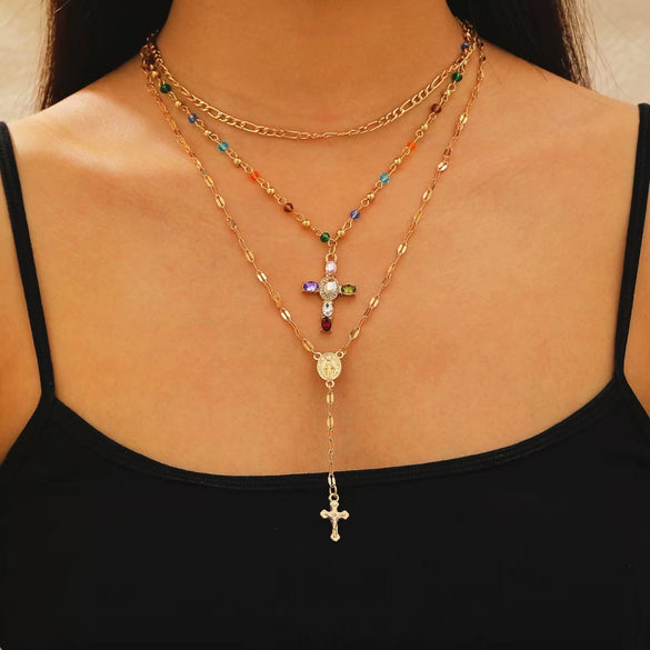 Fashionable Yshaped Tassel Alloy Geometric Clavicle Chain Necklace With Doublelayer Cross Pendant And Electroplating