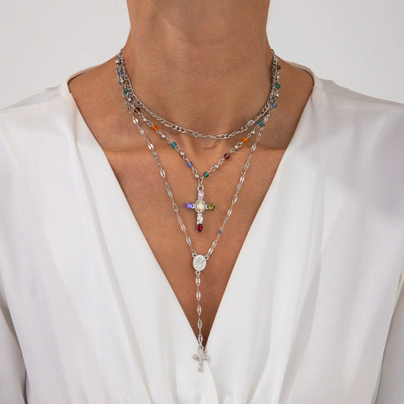 Fashionable Yshaped Tassel Necklace For Women Alloy Geometric Electroplating Doublelayer Cross Pendant Clavicle Chain