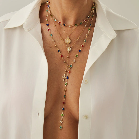 Fashionable Yshaped Tassel Necklace For Women Alloy Geometric Electroplating Doublelayer Cross Pendant Clavicle Chain