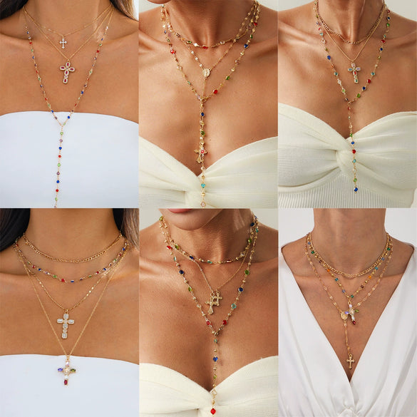 Fashionable Yshaped Tassel Necklace For Women Alloy Geometric Electroplating Doublelayer Cross Pendant Clavicle Chain