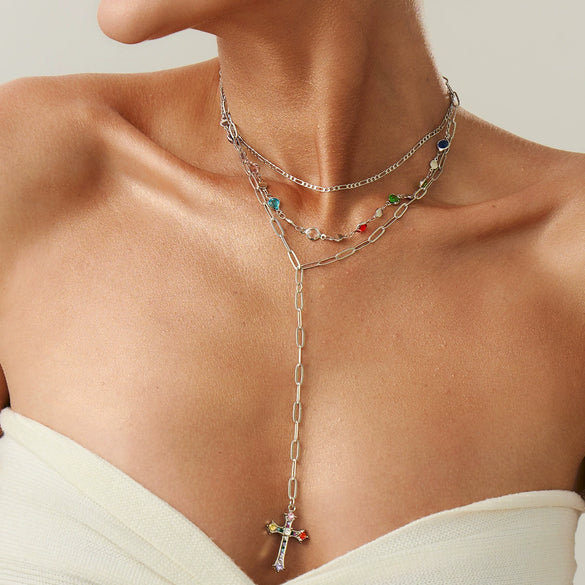 Fashionable Yshaped Tassel Necklace For Women Alloy Geometric Electroplating Doublelayer Cross Pendant Clavicle Chain