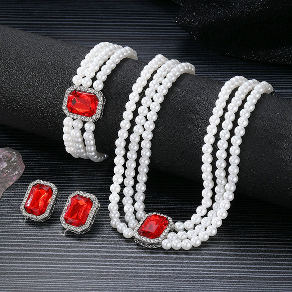 Faux Pearl Rhinestone Alloy Jewelry Set With Diamond Setting For Women French Retro Elegant Light Luxury Style