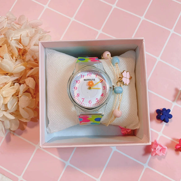 Female Cartoon Style Flower Heart Design Alloy Case And Silicone Strap Round Dial Watch