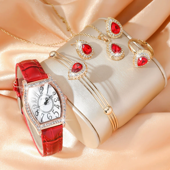 Female Casual Jewelry Set With Round Dial Stainless Steel Belt Watch