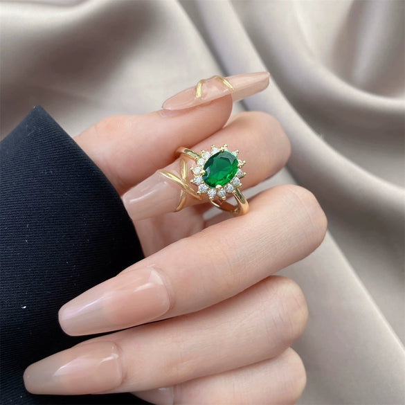 Female Copper Electroplated Sunflower Emerald Gem Ring With Geometric Pattern