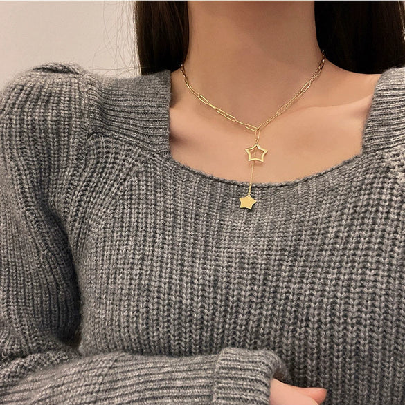 Female Fashion Hip Hop Niche Design Thick Titanium Steel Necklace With Snake Bone Chain And Five Pointed Star Pendant Electroplated