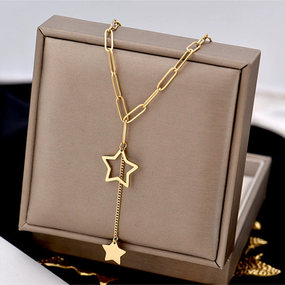 Female Fashion Hip Hop Niche Design Thick Titanium Steel Necklace With Snake Bone Chain And Five Pointed Star Pendant Electroplated