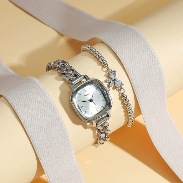 Female Fashionable Purple Aurora Dial Alloy Square Bracelet Watch With Butterfly Rhinestone And Stainless Steel Buckle