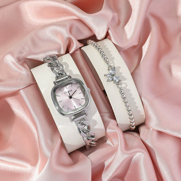 Female Fashionable Purple Aurora Dial Alloy Square Bracelet Watch With Butterfly Rhinestone And Stainless Steel Buckle