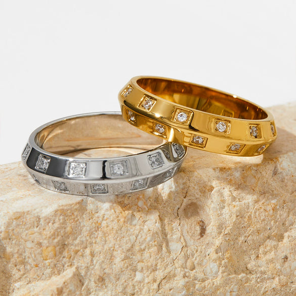 Female Hip Hop Fashion Diamond Ring In Geometric Design Stainless Steel With Electroplating Treatment