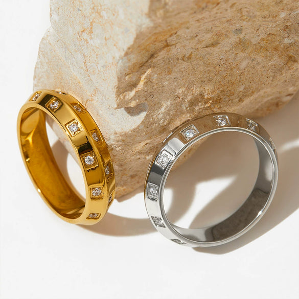 Female Hip Hop Fashion Diamond Ring In Geometric Design Stainless Steel With Electroplating Treatment
