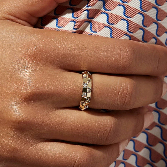 Female Hip Hop Fashion Diamond Ring In Geometric Design Stainless Steel With Electroplating Treatment