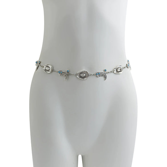 Female Punk Vintage Metal Body Chain And Waist Chain With Cowboy Hat And Turquoise Boots Style