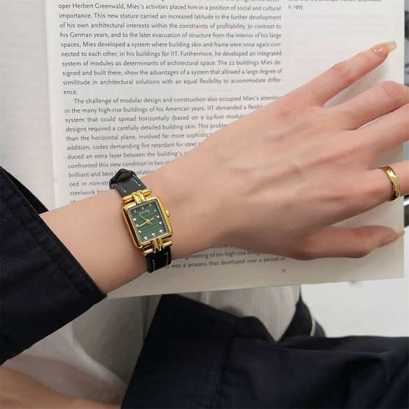 Female Student Belt Quartz Watch Tshaped Square Black Gold Metal Case Genuine Leather Strap Stainless Steel Buckle Ordinary Glass Mirror Medieval Style
