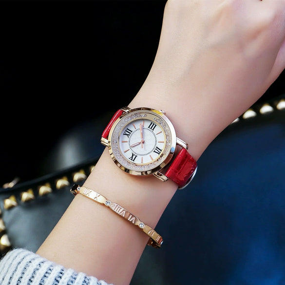 Female Student Fashion Quartz Watch With Rhinestones Alloy Case Genuine Leather Strap Round Dial