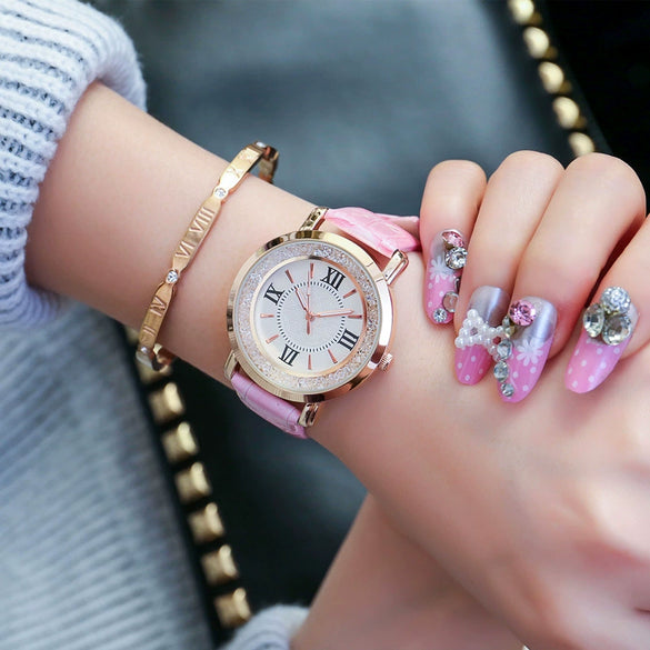Female Student Fashion Quartz Watch With Rhinestones Alloy Case Genuine Leather Strap Round Dial
