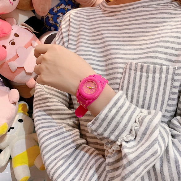 Female Student Heart Shaped Cartoon Style Pink Silicone Watch