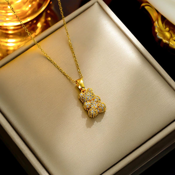 Female Titanium Steel Pendant Necklace With Cartoon Bear Zircon Light Luxury And Sweet Cool Style New Design