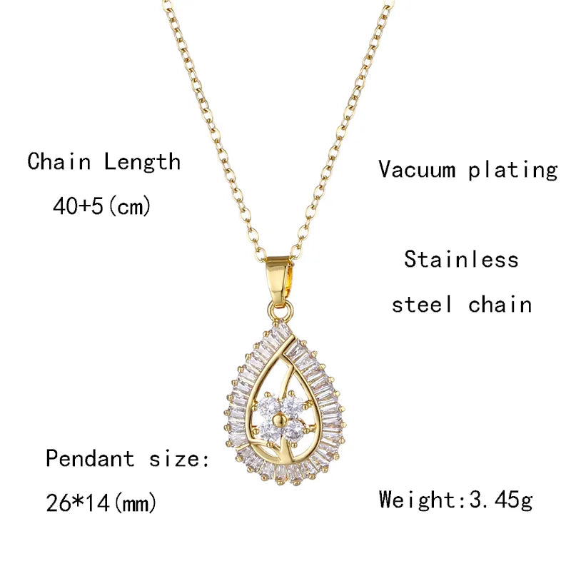 201 Stainless Steel Brass 18K Gold Plated Elegant Modern Style Classic Style Plating Inlay Four Leaf Clover Tree Water Droplets Zircon Pendant Necklace