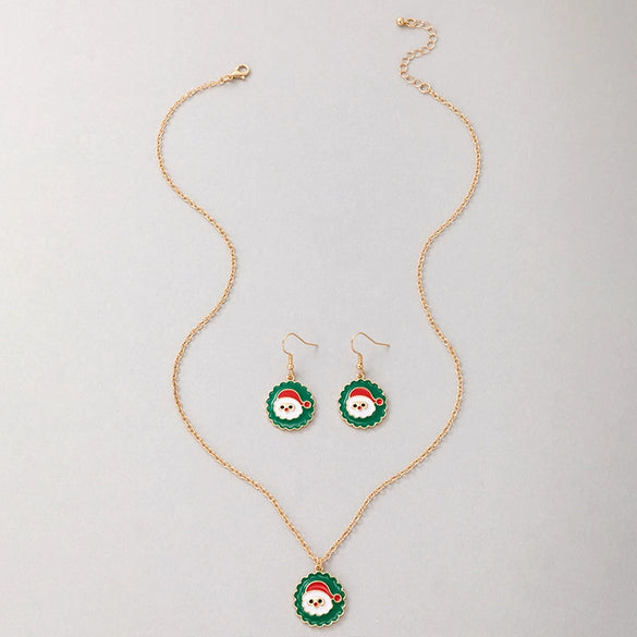 Festive Alloy Santa Claus Dripping Oil Jewelry Set With Geometric Earrings And Necklace For Unisex Holiday Wear