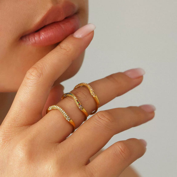 Fine Circle Color Plated Zircon Rig Ring Stacked With Finger Ring Stainless Steel Jewelry For Women With Geometric Design And Electroplating