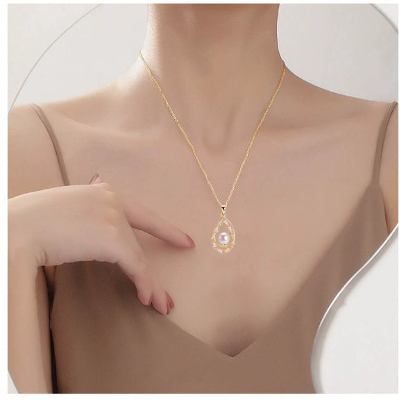 Fine Craft Zircon Natural Freshwater Pearl Necklace With Drop Pearl Pendant Copper Accessories