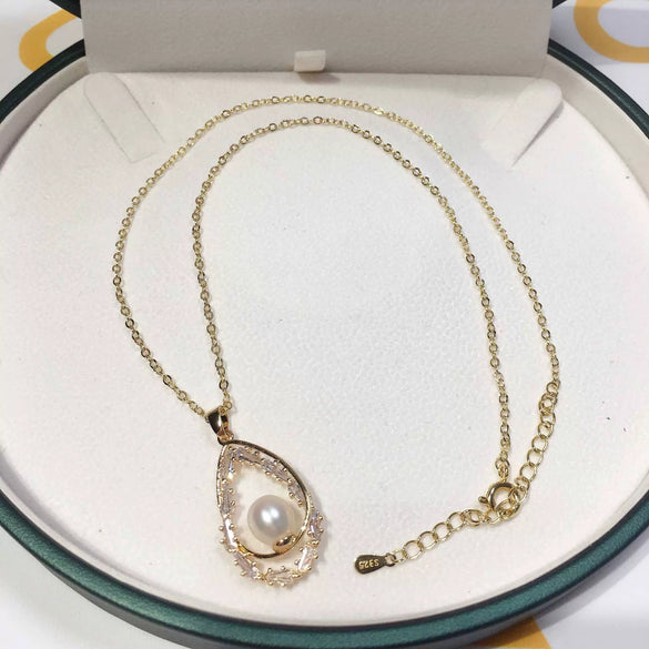 Fine Craft Zircon Natural Freshwater Pearl Necklace With Drop Pearl Pendant Copper Accessories